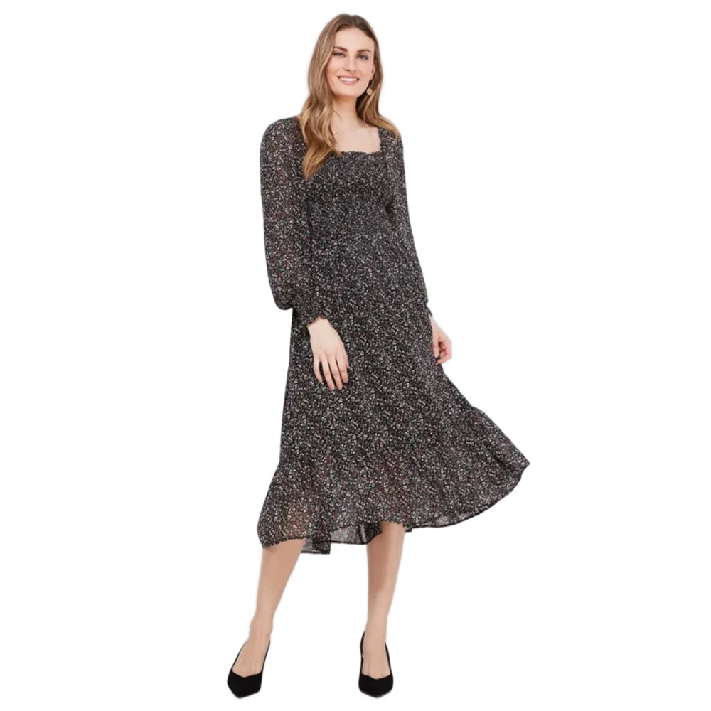 Ditsy Black Floral Long Puff Sleeve Square Neckline Midi Dress Ruffle Flowy